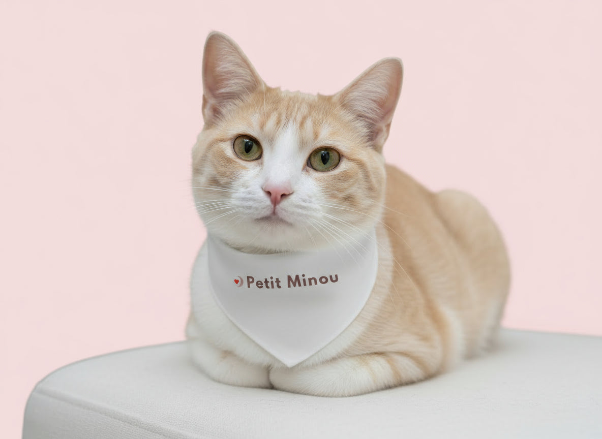 Chat portant un bandana blanc avec inscription ‘Petit Minou’, accessoire assorti et amusant pour un EVJF.