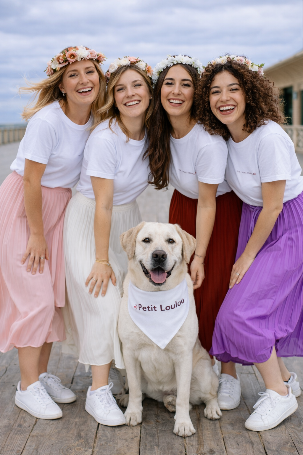 Chien portant un bandana Petit Loulou entouré d’un groupe d’amies en jupes plissées lors d’un EVJF en bord de mer