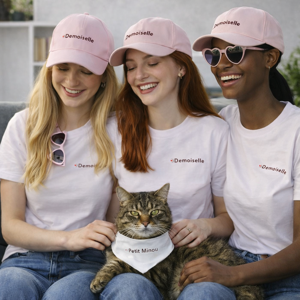 Chat portant un bandana EVJF Petit Minou, accessoire assorti au groupe pour une photo souvenir originale