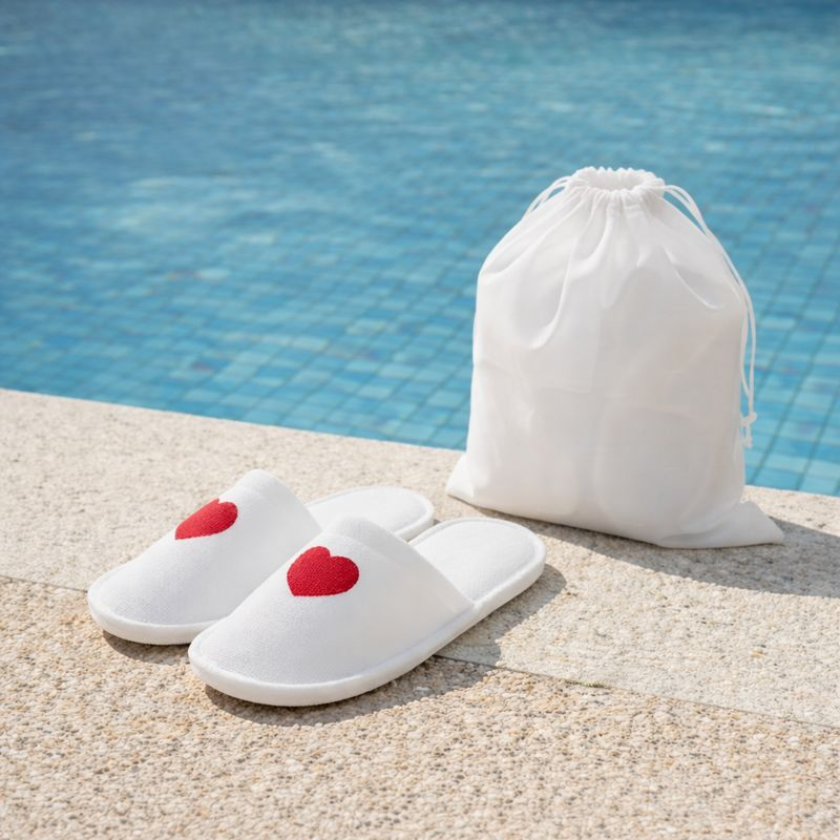 Chaussons EVJF blancs avec coeur rouge poses au bord dune piscine, accompagnes dune pochette blanche, accessoire ideal pour enterrement de vie de jeune fille.