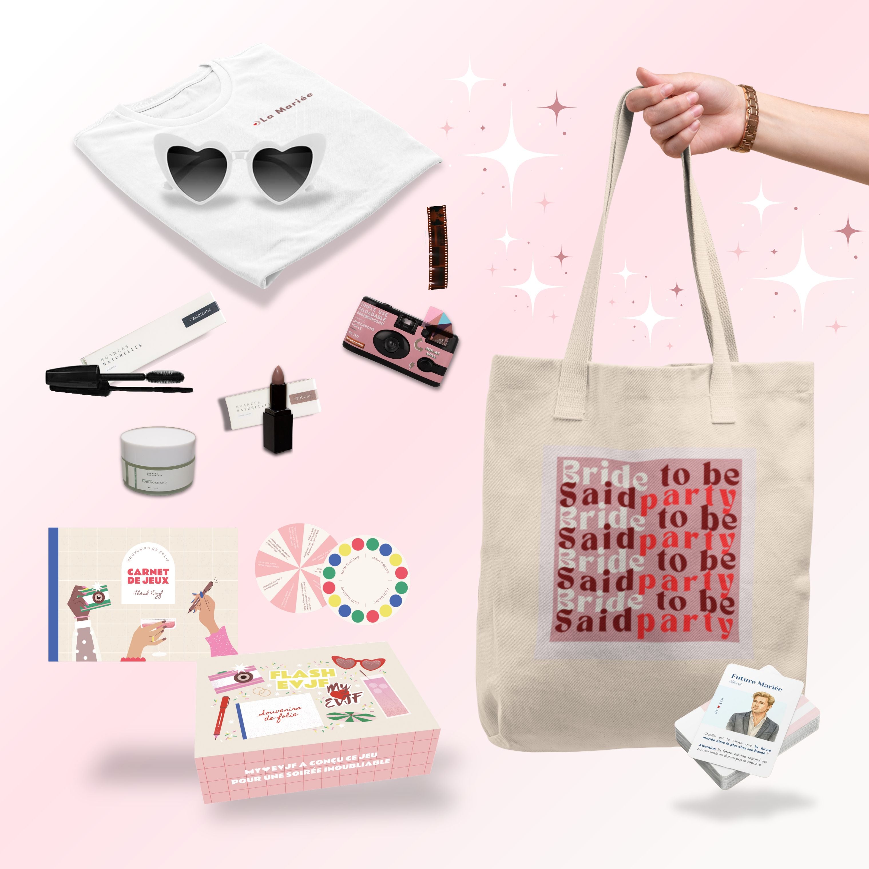 Sélection de produits EVJF MyEVJF : tote bag ‘Bride to be Said Party’, t-shirt blanc avec lunettes en forme de cœur, accessoires beauté, appareil photo jetable, jeux EVJF et box festive pour enterrement de vie de jeune fille.