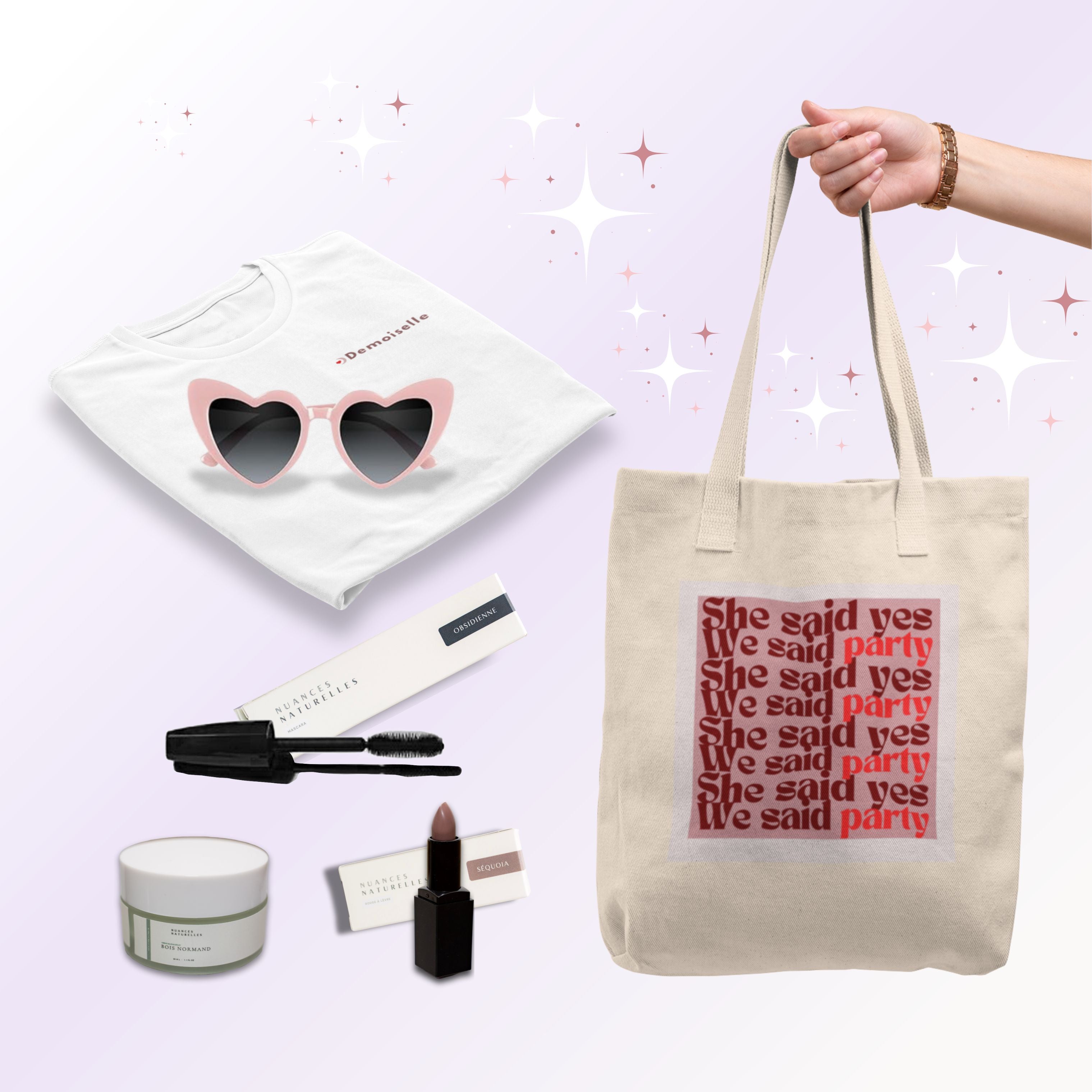 Sélection d’accessoires et cadeaux EVJF MyEVJF : tote bag ‘She said yes we said party’, t-shirt blanc, lunettes cœur, soins et maquillage pour enterrement de vie de jeune fille.