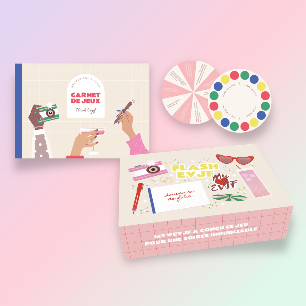 Coffret de jeux EVJF « Flash My EVJF » avec carnet d’activités, roue de défis et accessoires ludiques pour animer un enterrement de vie de jeune fille.