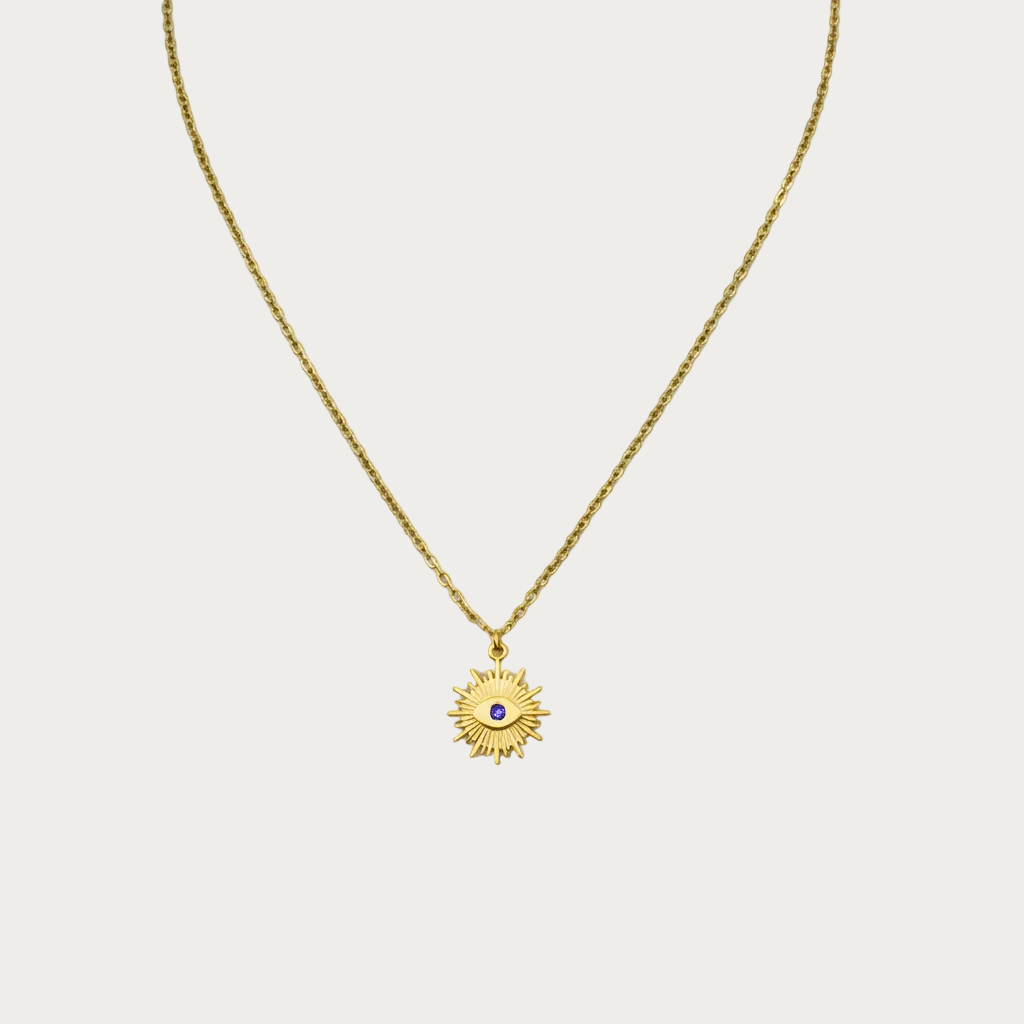 Collier doré EVJF avec pendentif soleil et pierre bleue, idée cadeau pour future mariée