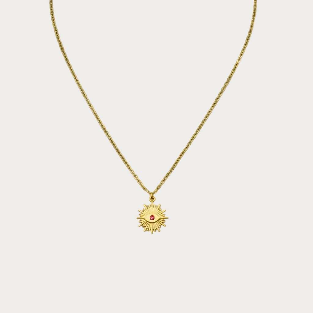 Collier EVJF doré avec pendentif soleil et pierre rouge, idée cadeau pour future mariée