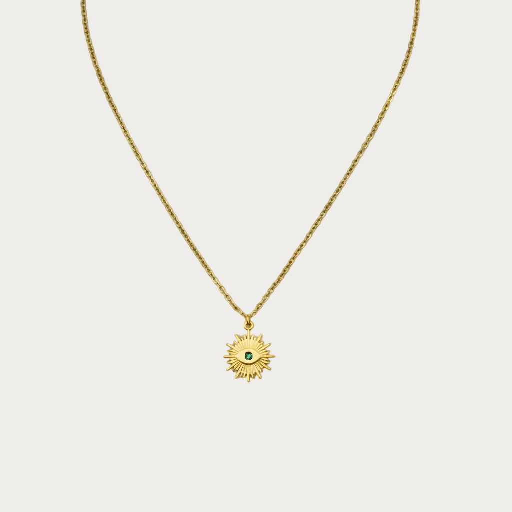 Collier EVJF doré avec pendentif soleil et pierre verte, idée cadeau pour future mariée