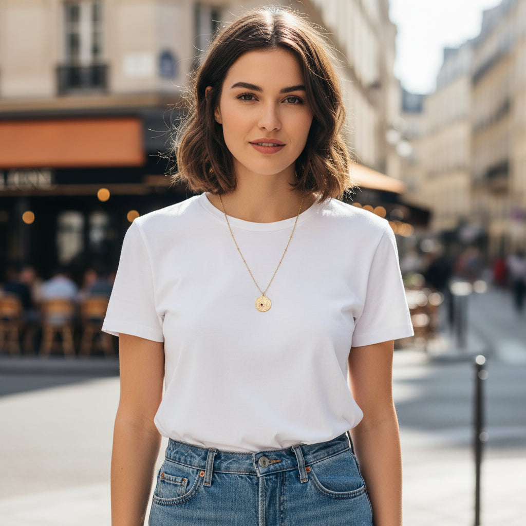 Femme portant un t-shirt blanc et un collier doré à médaille soleil, tenue élégante en milieu urbain.