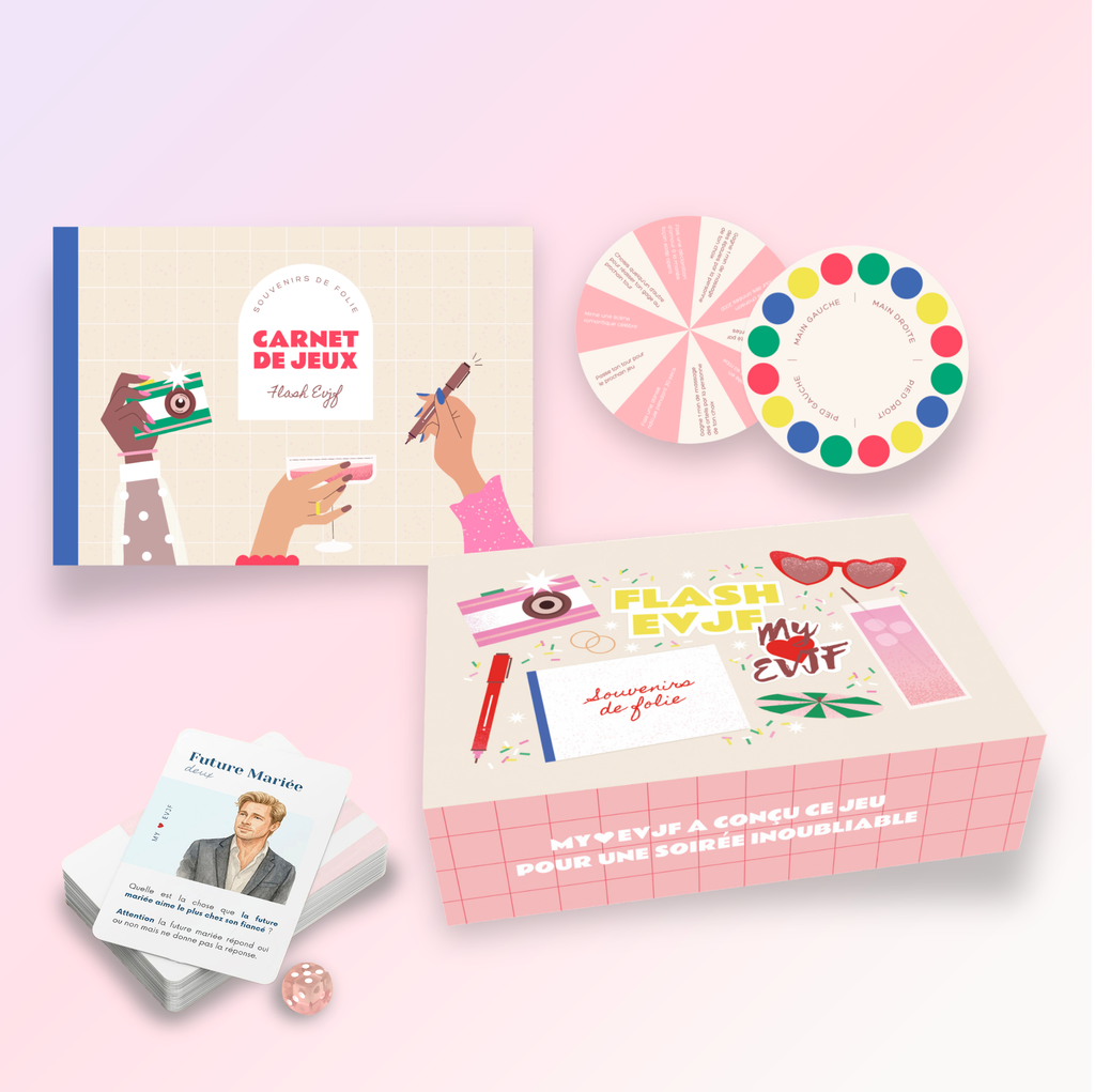 Jeu EVJF compose de cartes, carnet et accessoires ludiques, ideal pour animer une soiree enterrement de vie de jeune fille.