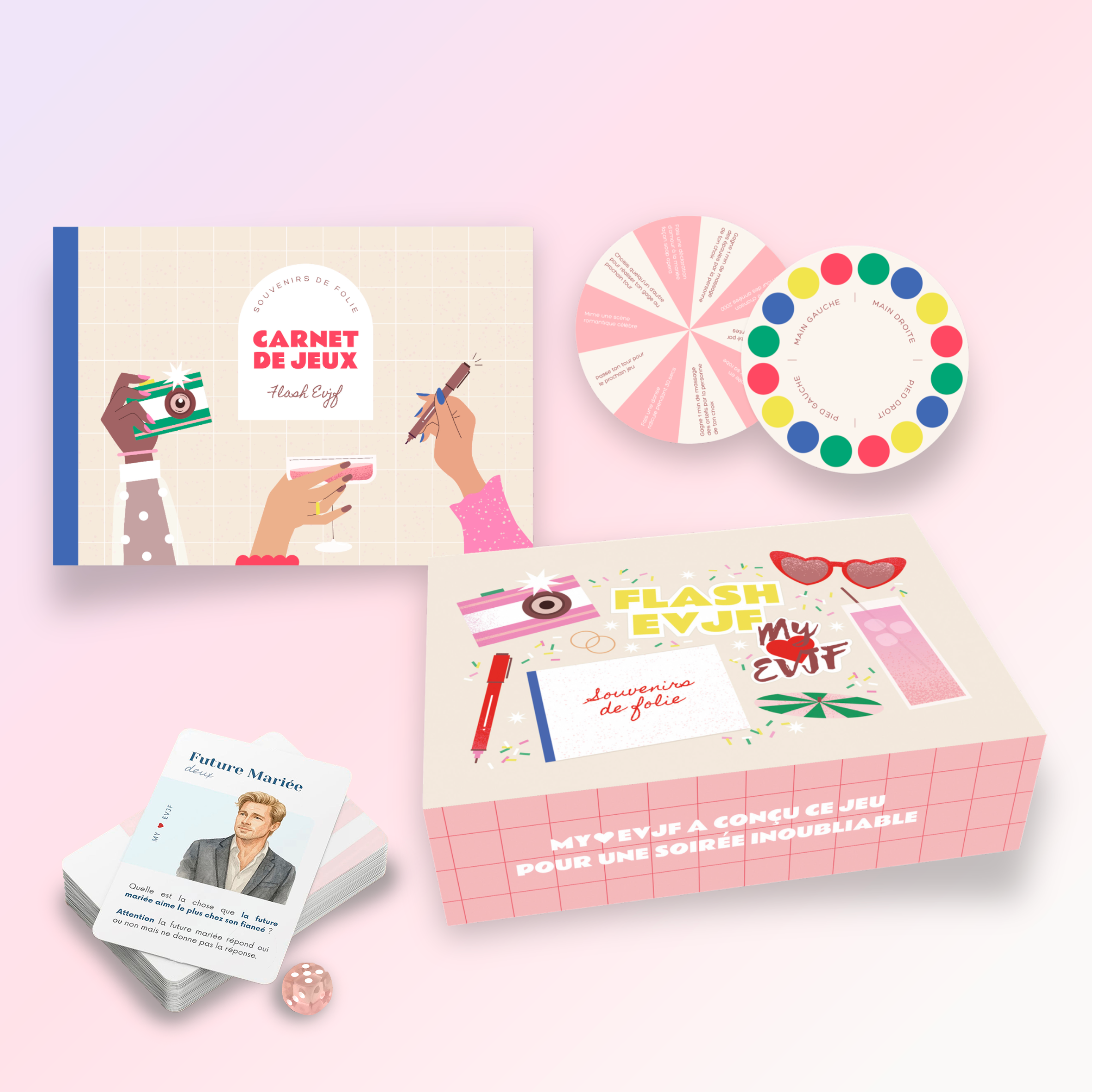 Jeu EVJF compose de cartes, carnet et accessoires ludiques, ideal pour animer une soiree enterrement de vie de jeune fille.