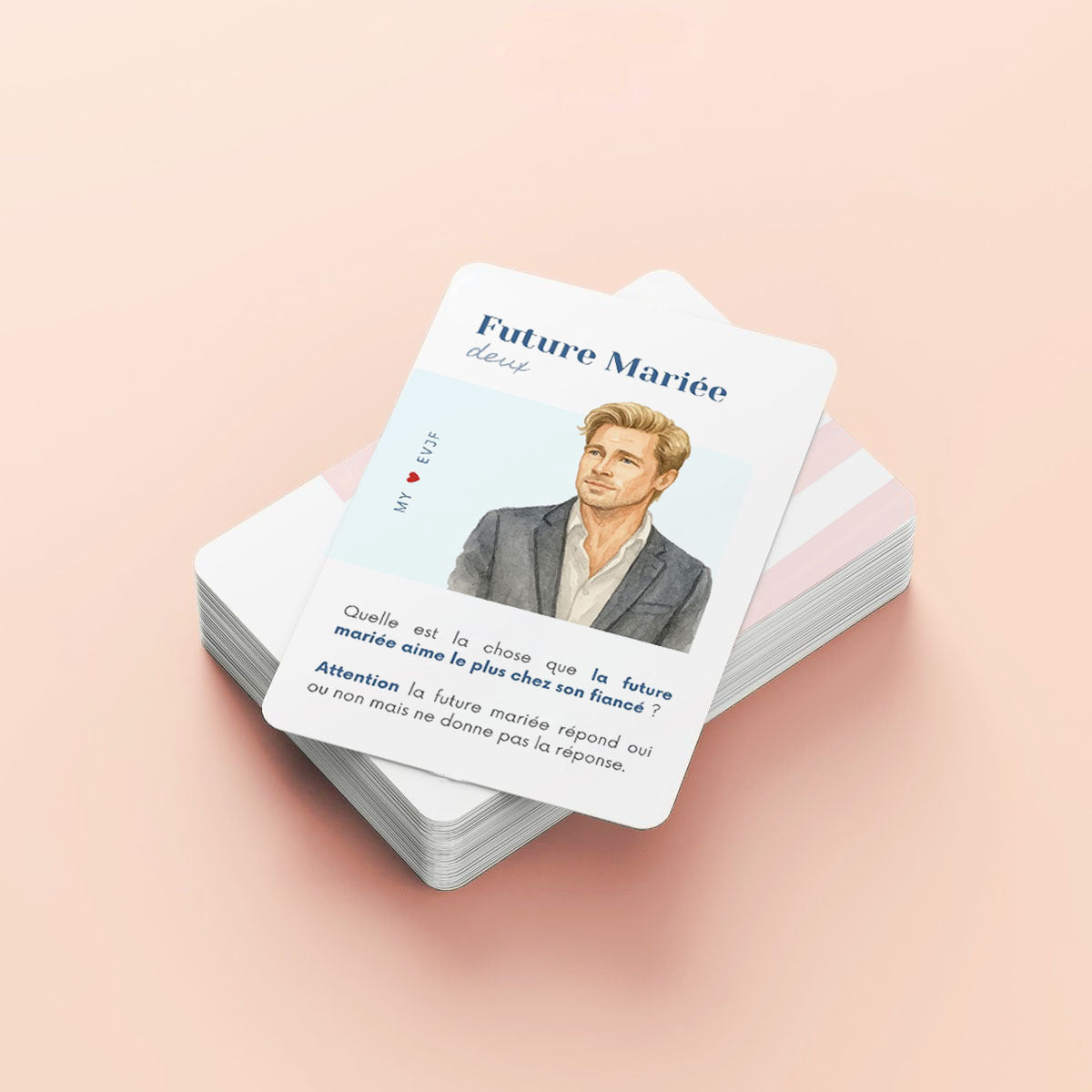 Carte de jeu EVJF MyEVJF ‘Future Mariée’ avec illustration d’un homme, carte question pour animer un enterrement de vie de jeune fille.