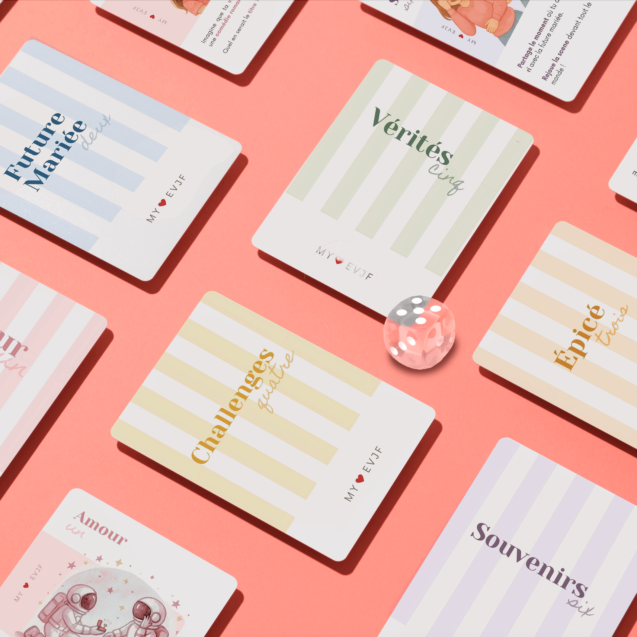 Cartes de jeu EVJF MyEVJF disposées sur fond rose : catégories ‘Future Mariée’, ‘Vérités’, ‘Challenges’, ‘Épicée’, ‘Souvenirs’ et ‘Amour’, avec dé pour animer un enterrement de vie de jeune fille.