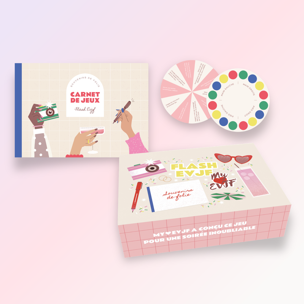 Jeu EVJF MyEVJF avec carnet de jeux, roues à défis et boîte ‘Flash EVJF’, ensemble ludique pour animer un enterrement de vie de jeune fille.