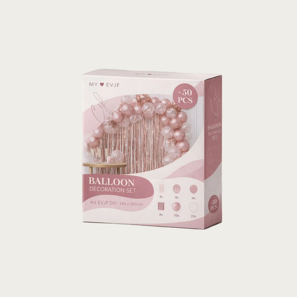 Kit decoration ballons EVJF rose avec arche de ballons et accessoires, ideal pour decorer une soiree enterrement de vie de jeune fille.