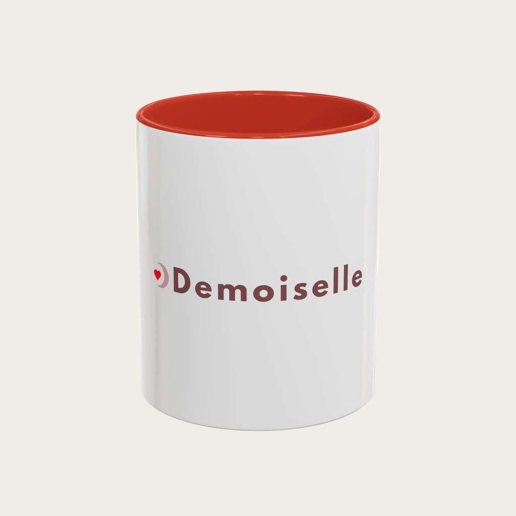 Mug EVJF blanc avec interieur rouge et inscription demoiselle, tasse pour demoiselle dhonneur et enterrement de vie de jeune fille.