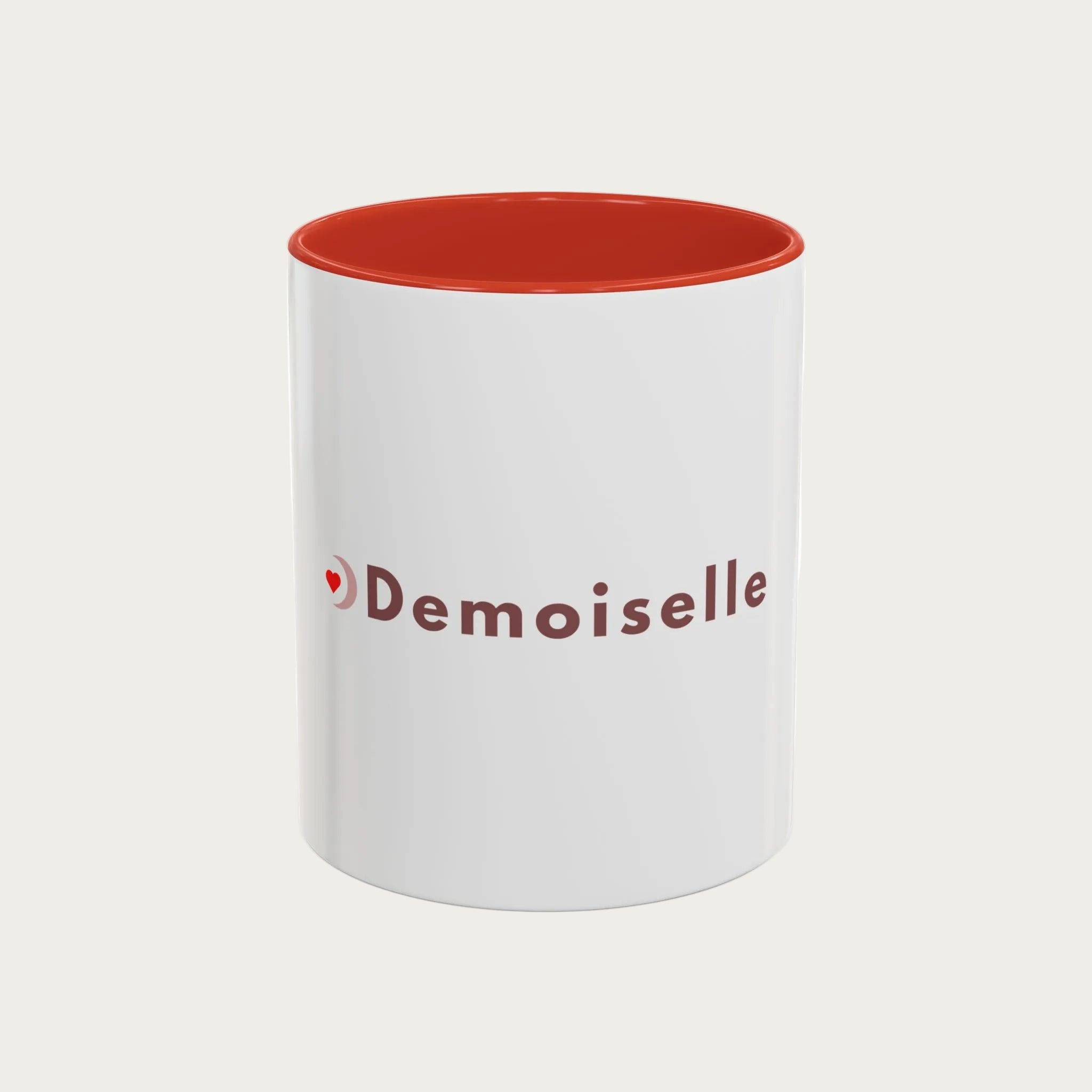 Mug EVJF blanc avec interieur rouge et inscription demoiselle, tasse pour demoiselle dhonneur et enterrement de vie de jeune fille.
