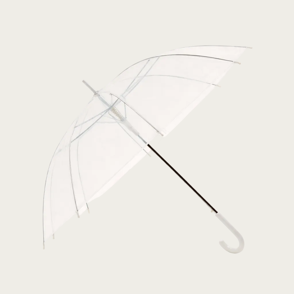 Parapluie transparent avec manche blanc, accessoire pratique et elegant pour un EVJF meme sous la pluie.