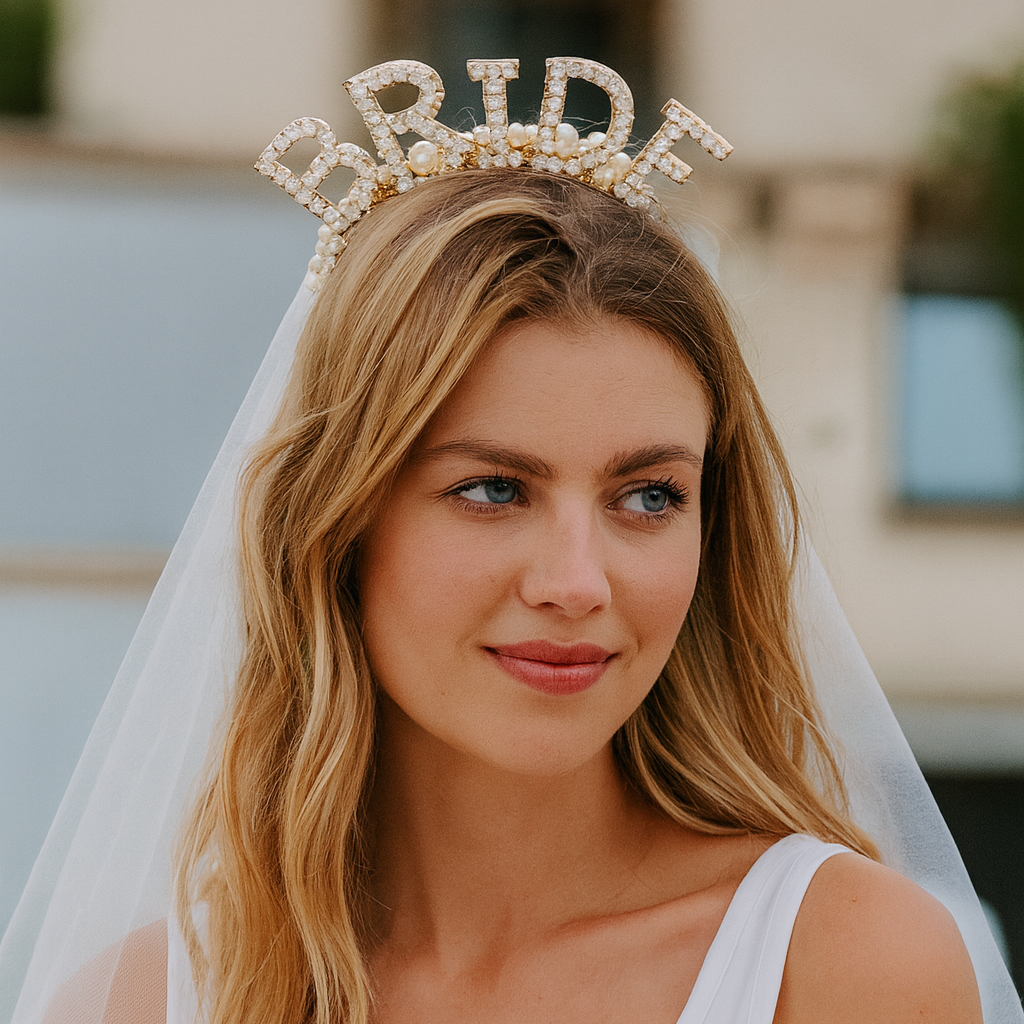 Future mariee portant un serre tete bride avec voile blanc, accessoire elegant pour un enterrement de vie de jeune fille.