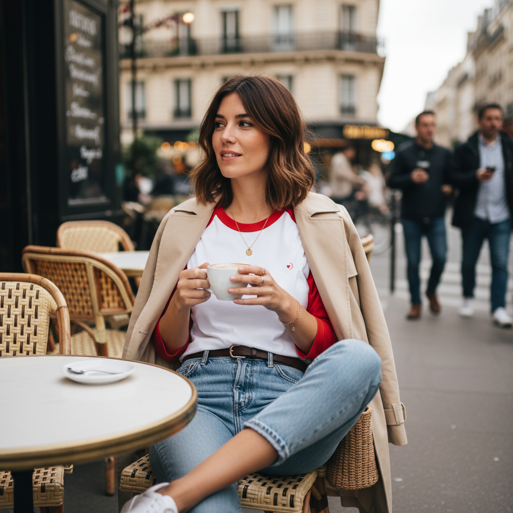 Femme assise en terrasse portant un t-shirt EVJF blanc à manches rouges type raglan, tenant une tasse de café en ville.